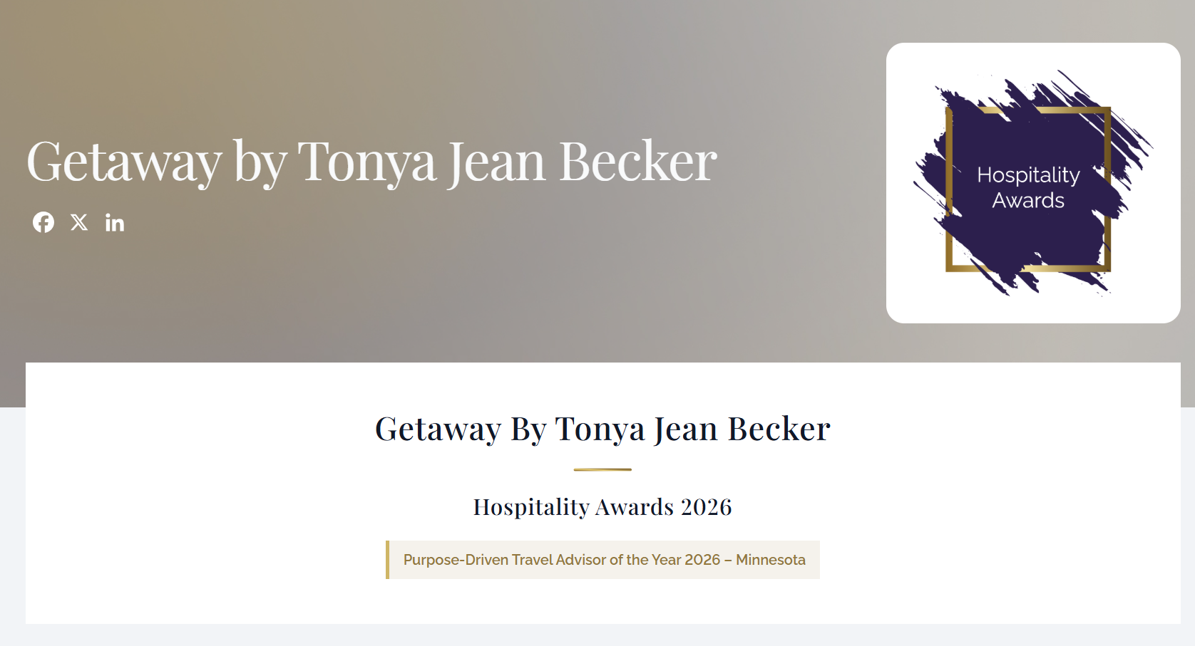 2026 Purpose-Driven Travel Advisor of the Year – Minnesota award from Luxlife Magazine presented to Tonya Becker of Getaway by Tonya Jean Becker LLC