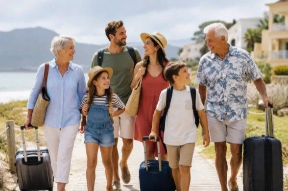 A multigenerational family traveling together with their luggage